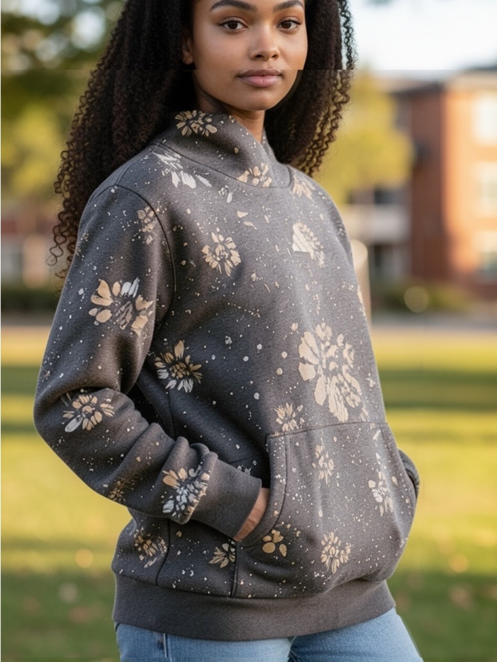 S- Adidas Gray Floral Pullover Hoodie with shiny Print